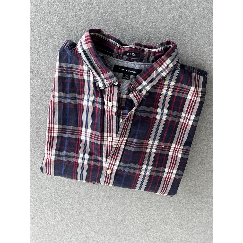 Tommy Hilfiger Button Down 80s‎ 2PLY Shirt 2XL Red White Blue Plaid Long Sleeve